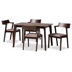 Baxton Studio Berenice Mid-Century Modern Transitional Warm Grey Fabric and Dark Brown Finished Wood 5-Piece Dining Set